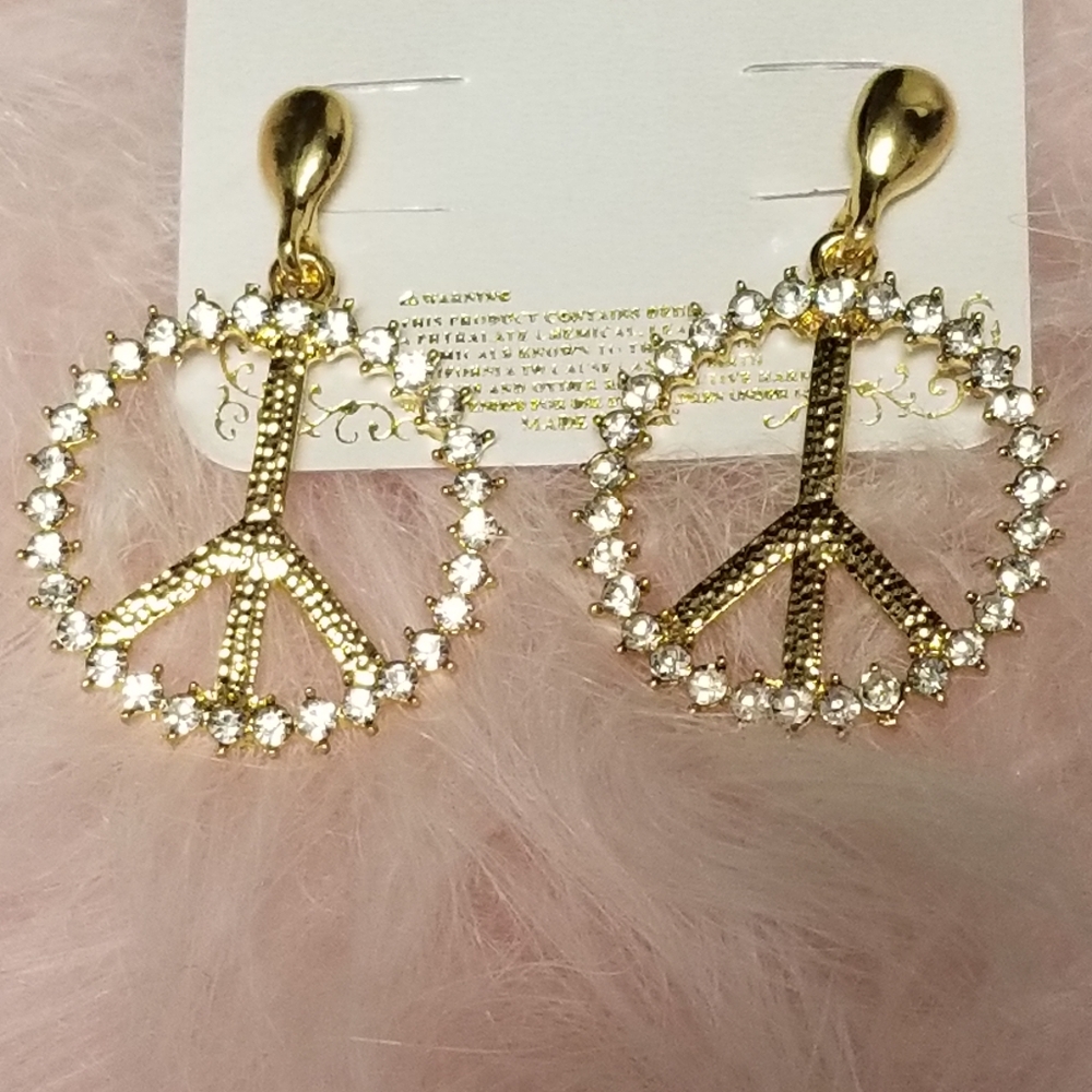 💟3/25  Gold Rhinstone Peace Sign Earings - Picture 6 of 8